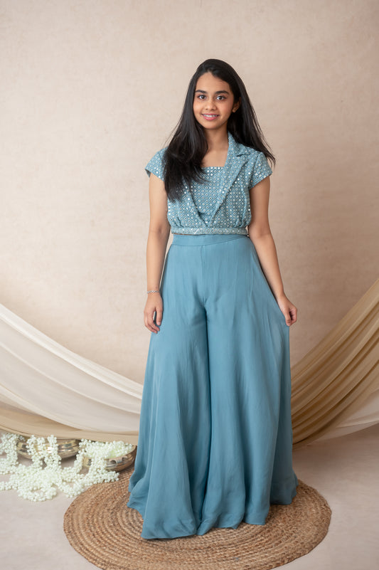 Blue Mirror Collar Top with Palazzo in Georgette and Organza