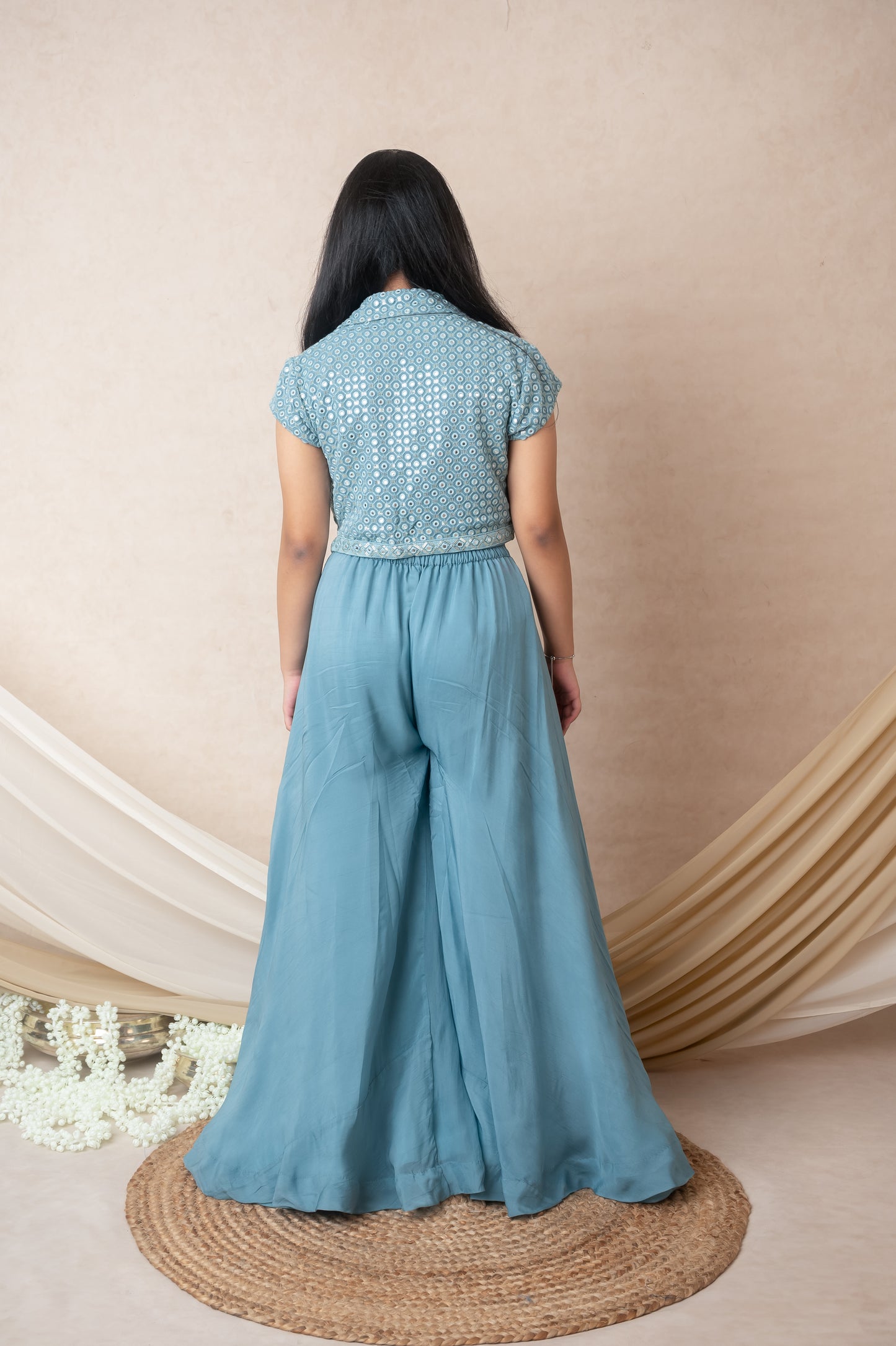 Blue Mirror Collar Top with Palazzo in Georgette and Organza