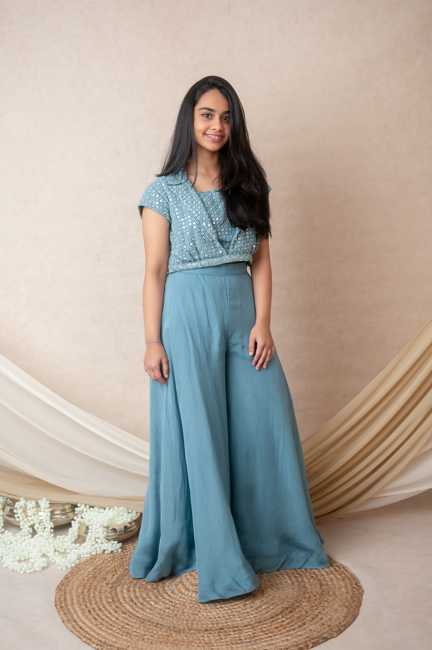 Blue Mirror Collar Top with Palazzo in Georgette and Organza