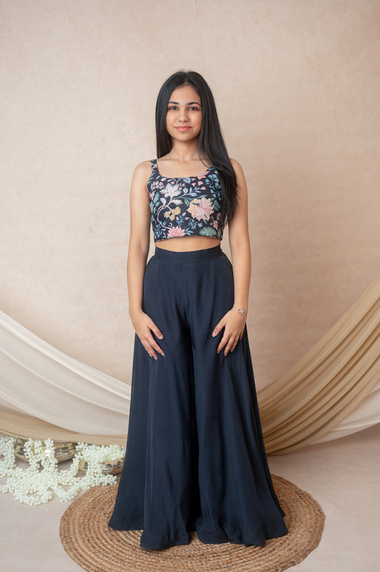Blue Embroidered Jacket & Palazzo Set