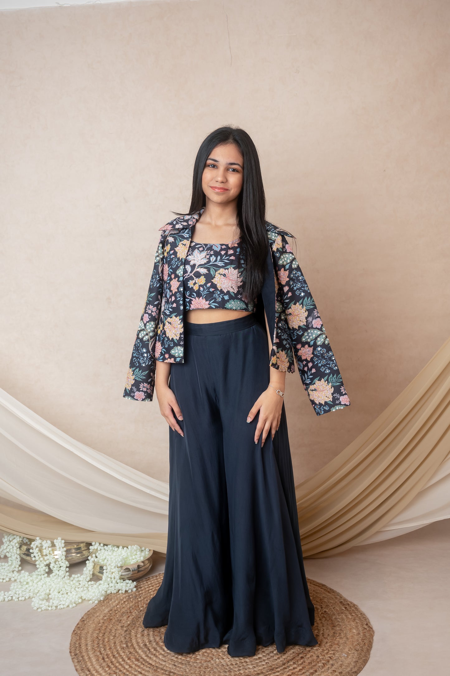 Blue Embroidered Jacket & Palazzo Set