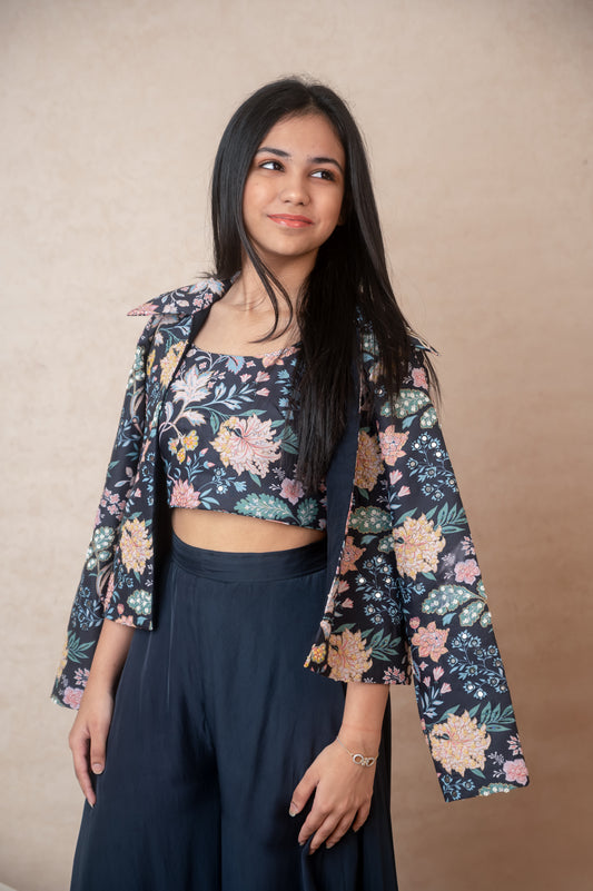 Blue Embroidered Jacket & Palazzo Set