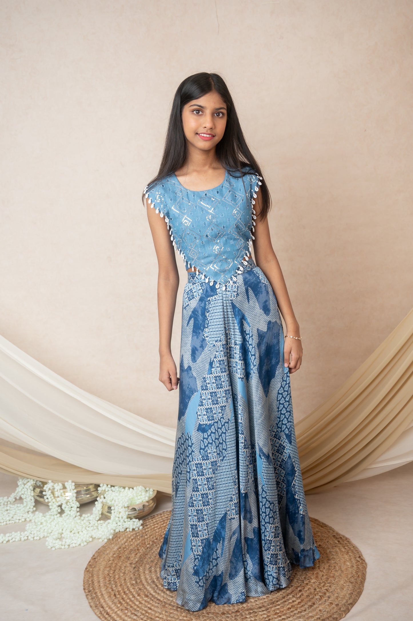 Blue Denim Yolk Top & Flared Palazzo Set