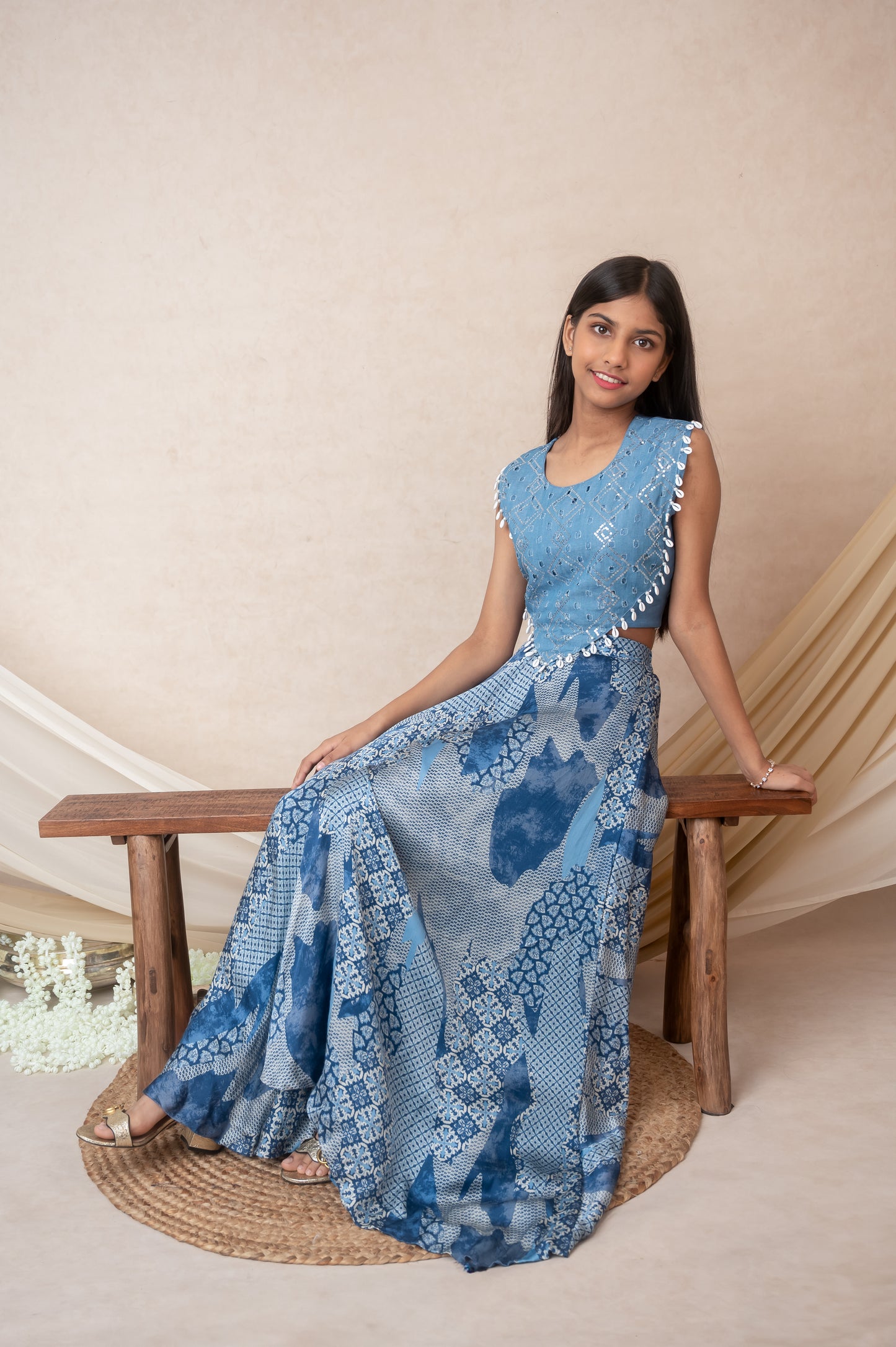 Blue Denim Yolk Top & Flared Palazzo Set