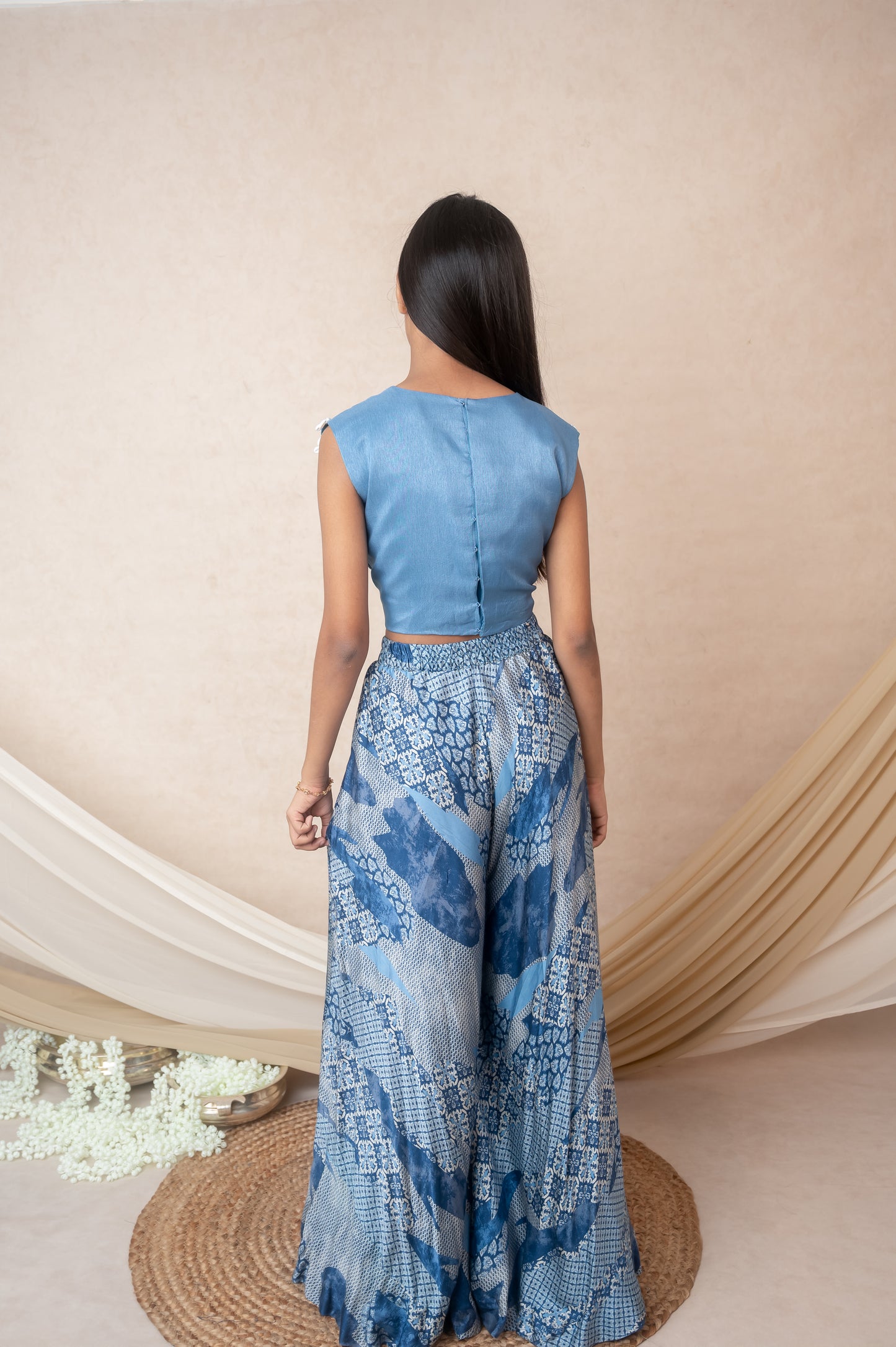 Blue Denim Yolk Top & Flared Palazzo Set