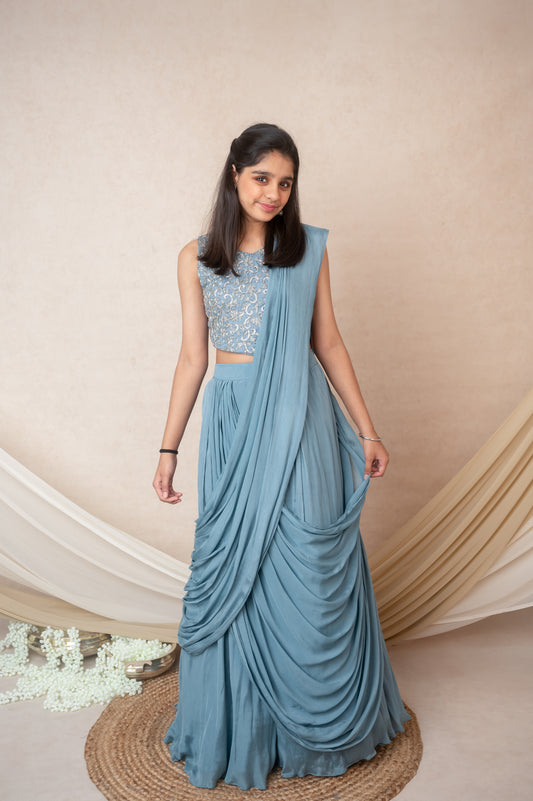 Blue Chinon Chiffon Skirt Set with Hand Embroidered Top and Drape Dupatta