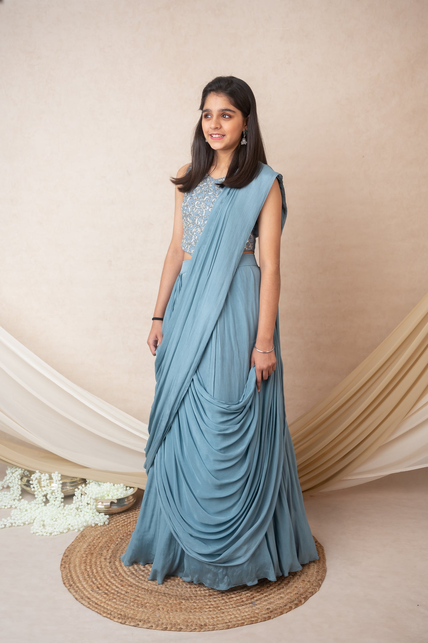 Blue Chinon Chiffon Skirt Set with Hand Embroidered Top and Drape Dupatta