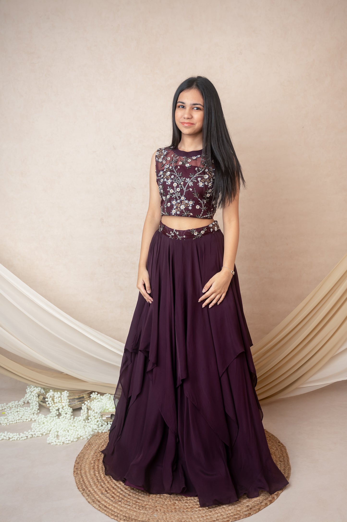 Vine Embroidered Halterneck Set with Layered Skirt