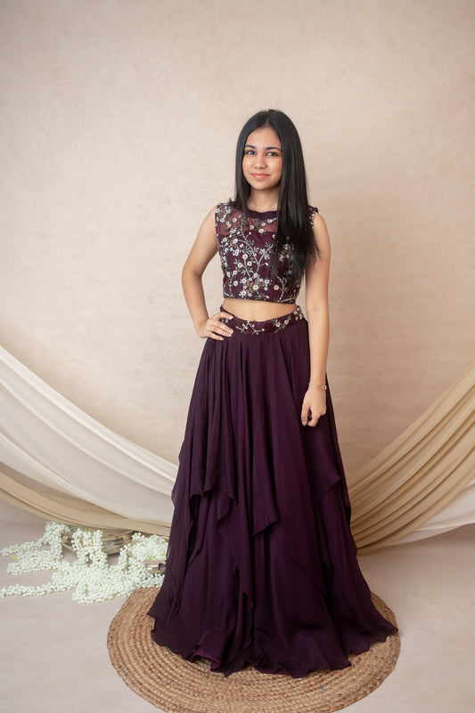 Vine Embroidered Halterneck Set with Layered Skirt