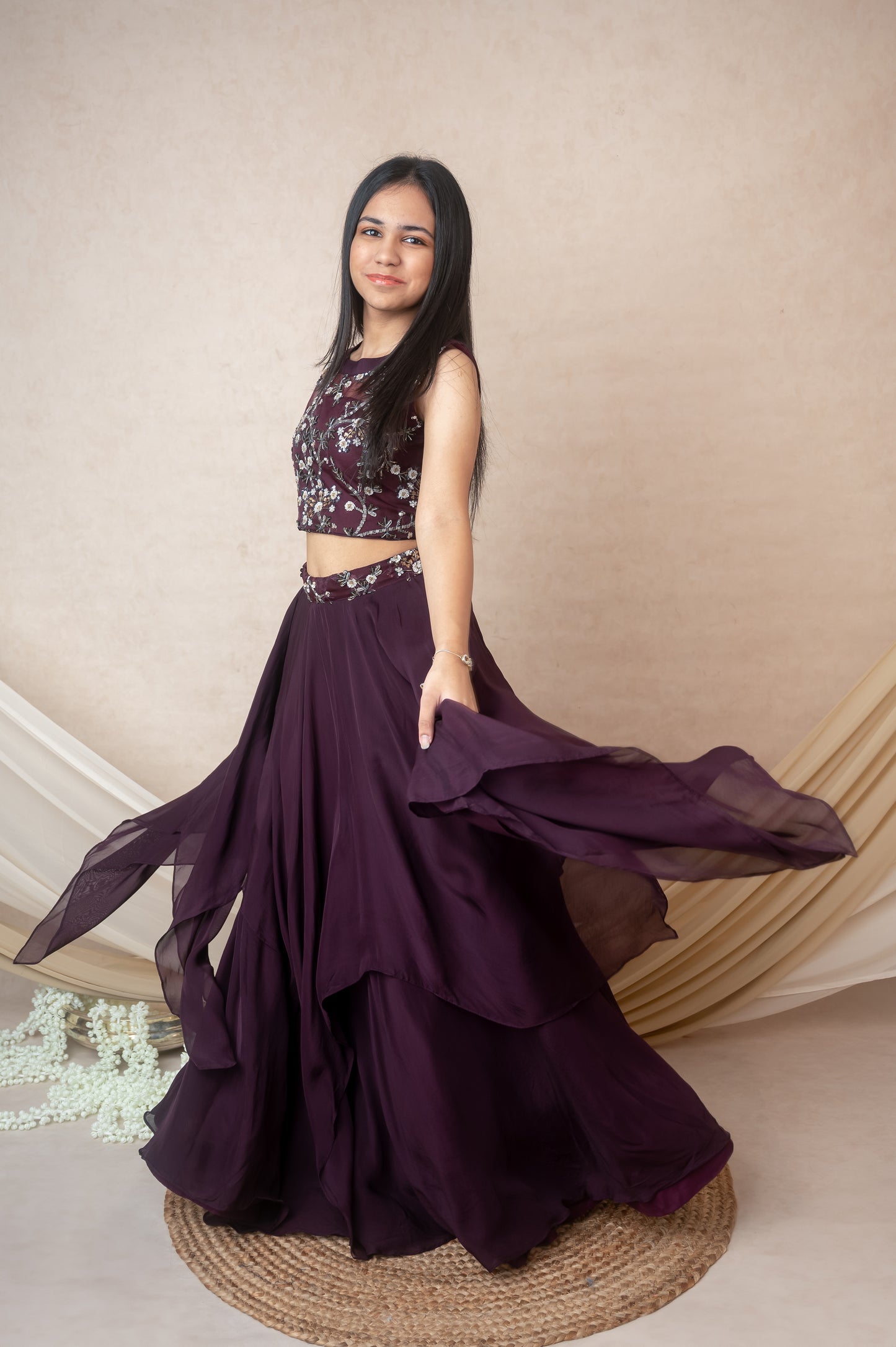 Vine Embroidered Halterneck Set with Layered Skirt