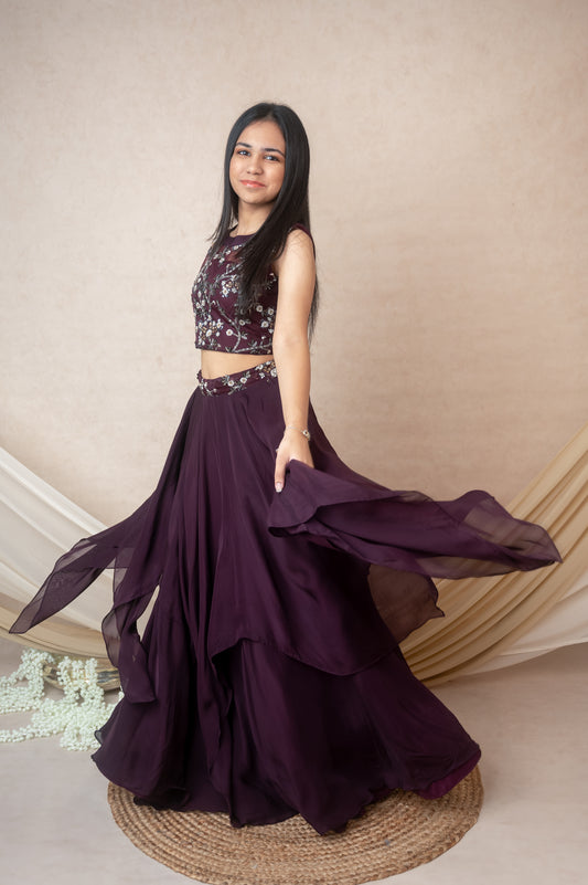 Vine Embroidered Halterneck Set with Layered Skirt