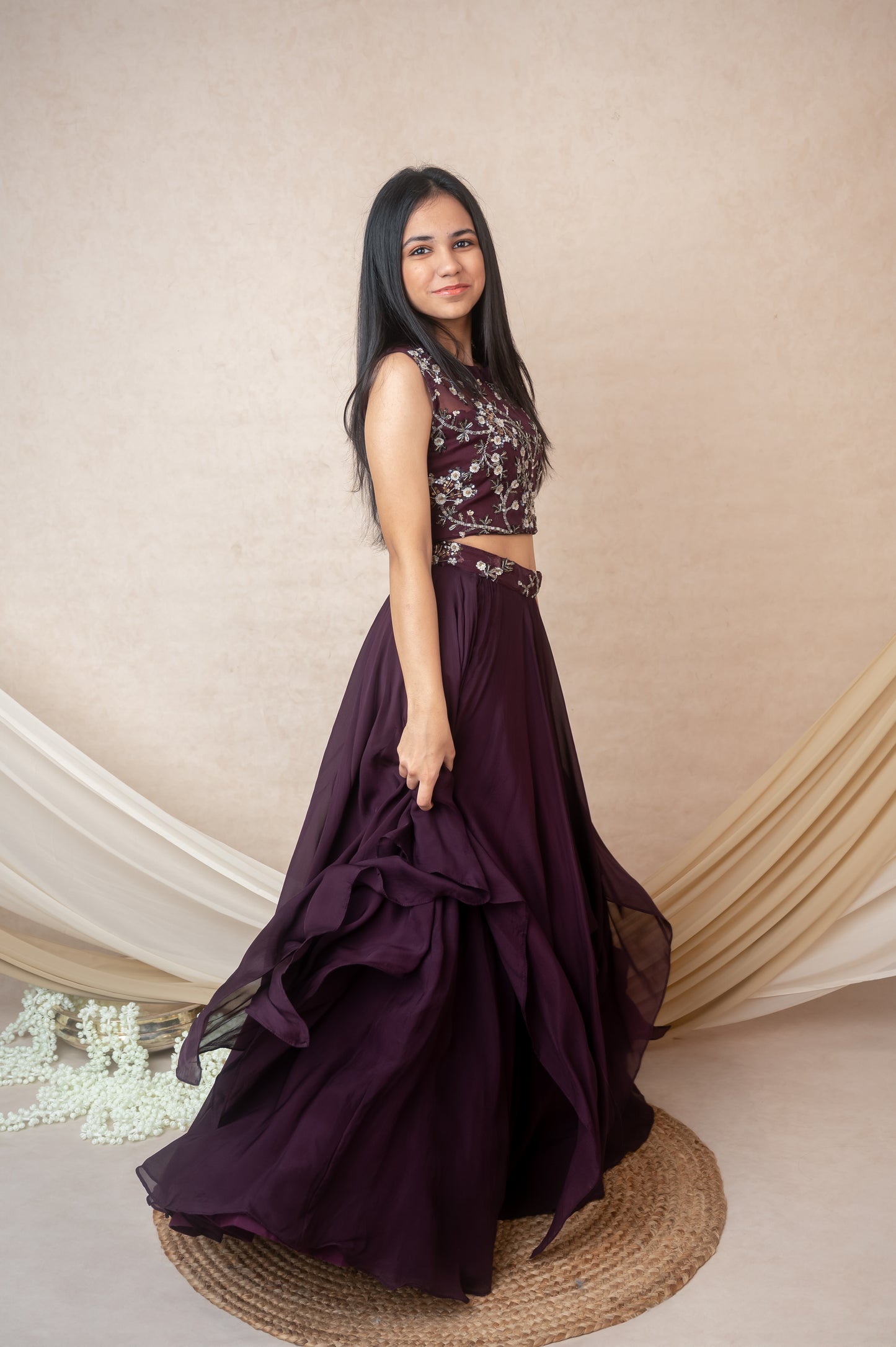 Vine Embroidered Halterneck Set with Layered Skirt
