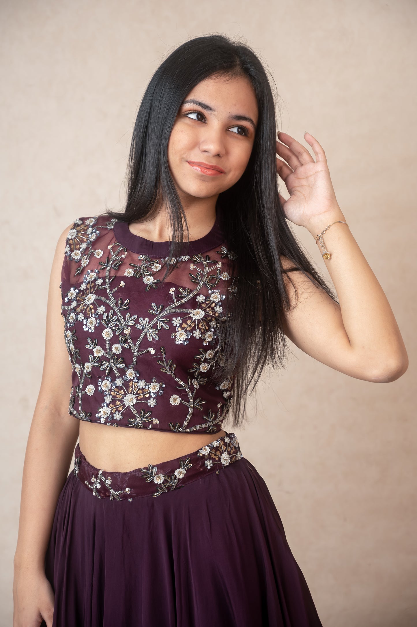 Vine Embroidered Halterneck Set with Layered Skirt