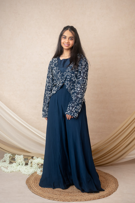 Blue Pintuck Top & Embroidered Jacket Set