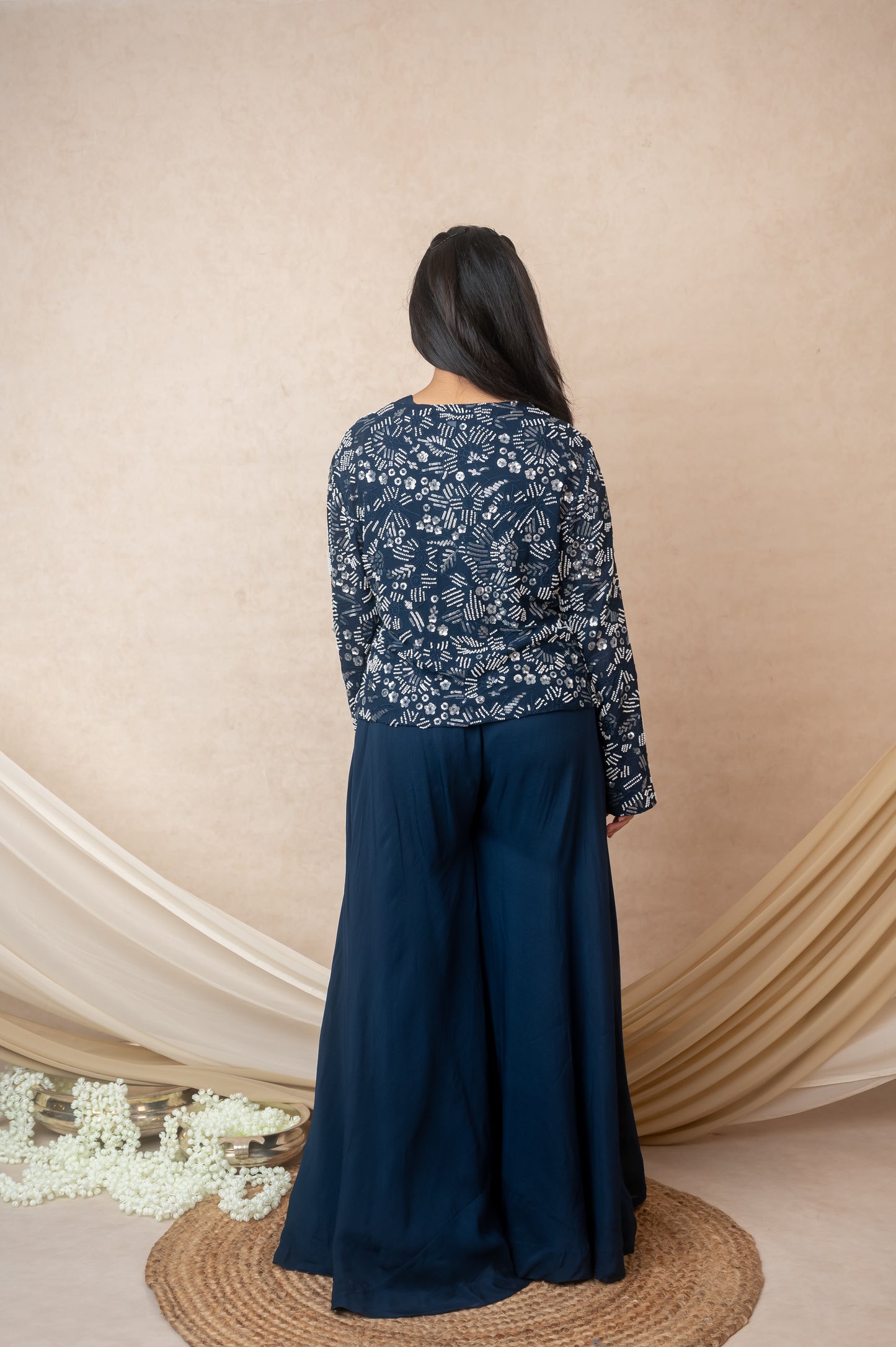 Blue Pintuck Top & Embroidered Jacket Set