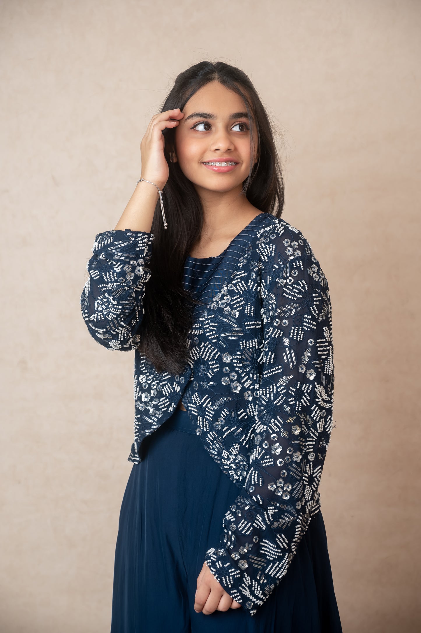 Blue Pintuck Top & Embroidered Jacket Set