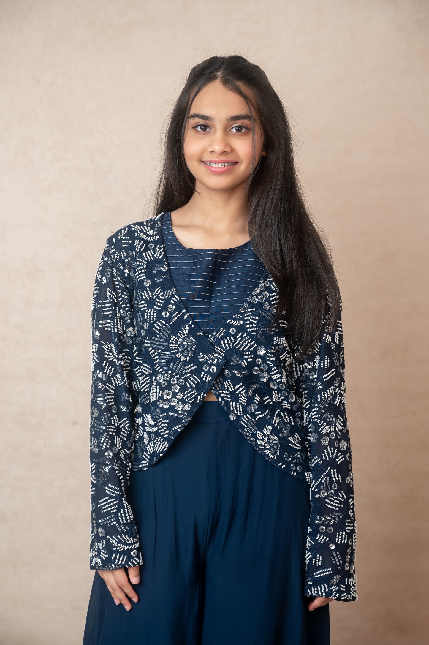 Blue Pintuck Top & Embroidered Jacket Set