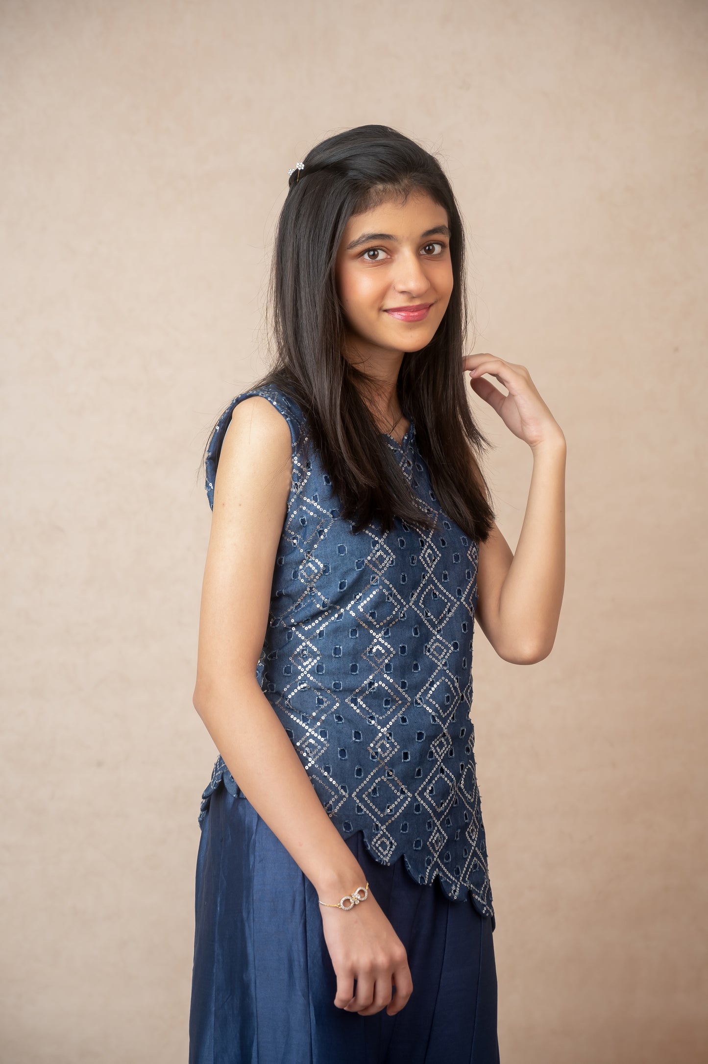 Asymmetric Denim & Chanderi Set in Blue