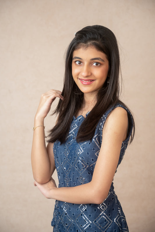 Asymmetric Denim & Chanderi Set in Blue