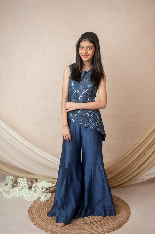 Asymmetric Denim & Chanderi Set in Blue