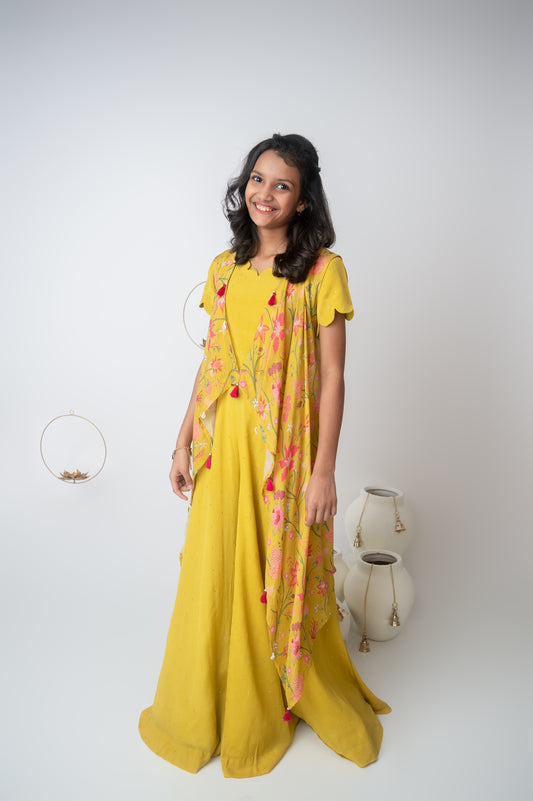 Yellow Chinon Chiffon Scallop Neck Top with Asymmetric Jacket and Palazzo