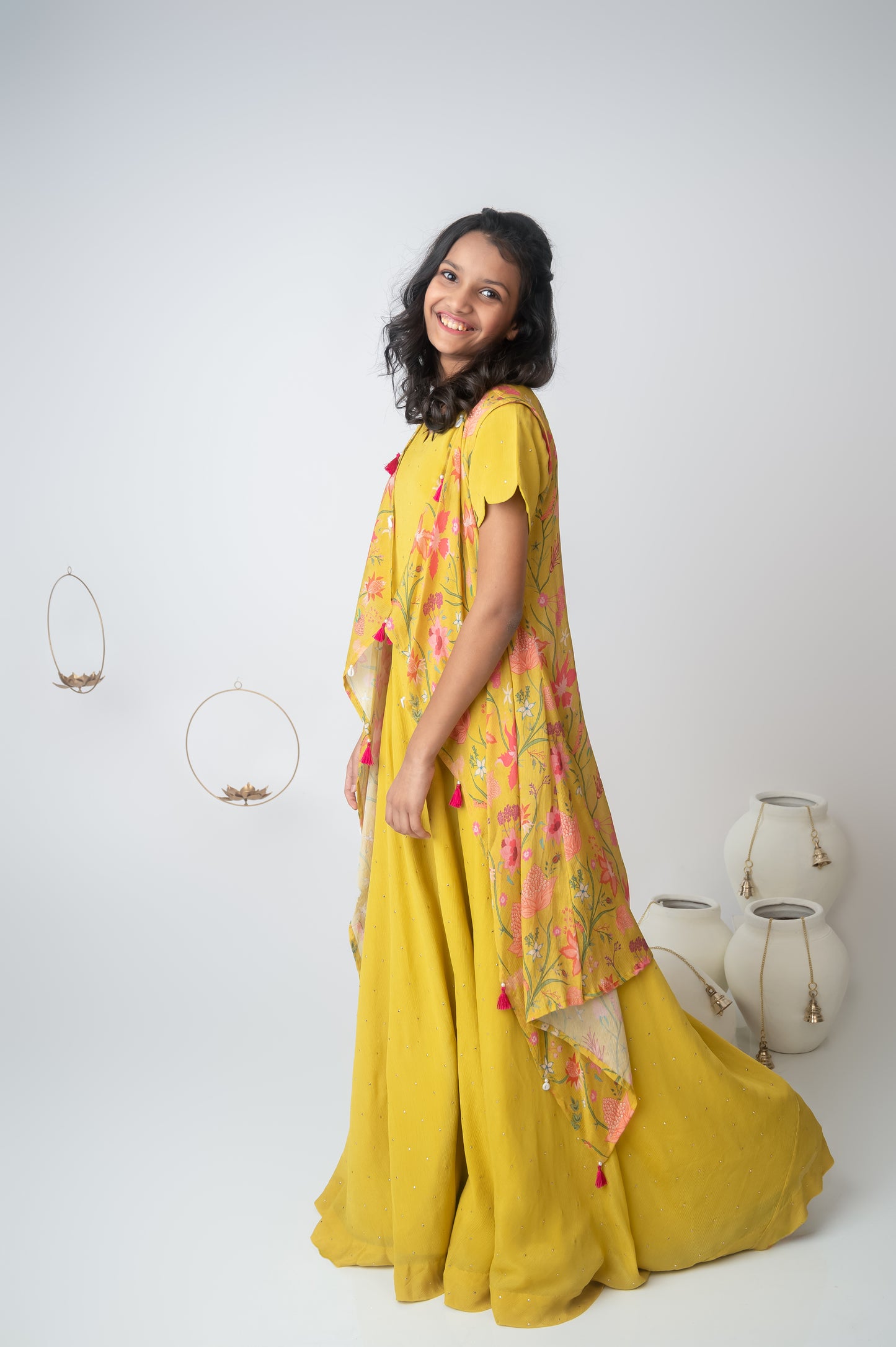 Yellow Chinon Chiffon Scallop Neck Top with Asymmetric Jacket and Palazzo