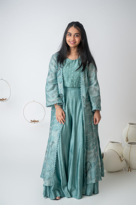 Blue Mirror-Neck Set with Printed Jacket