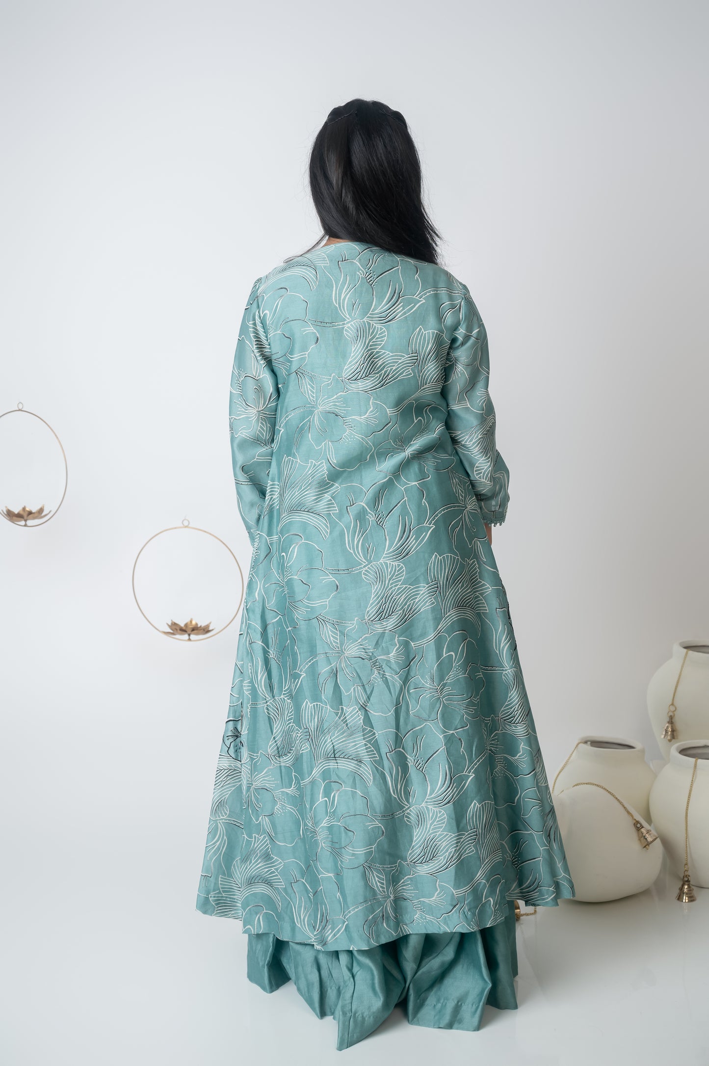 Blue Mirror-Neck Set with Printed Jacket