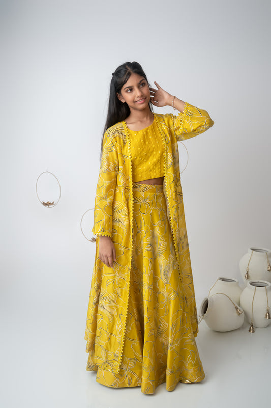 Yellow Mirror Work Top with Printed Jacket & Skirt Set