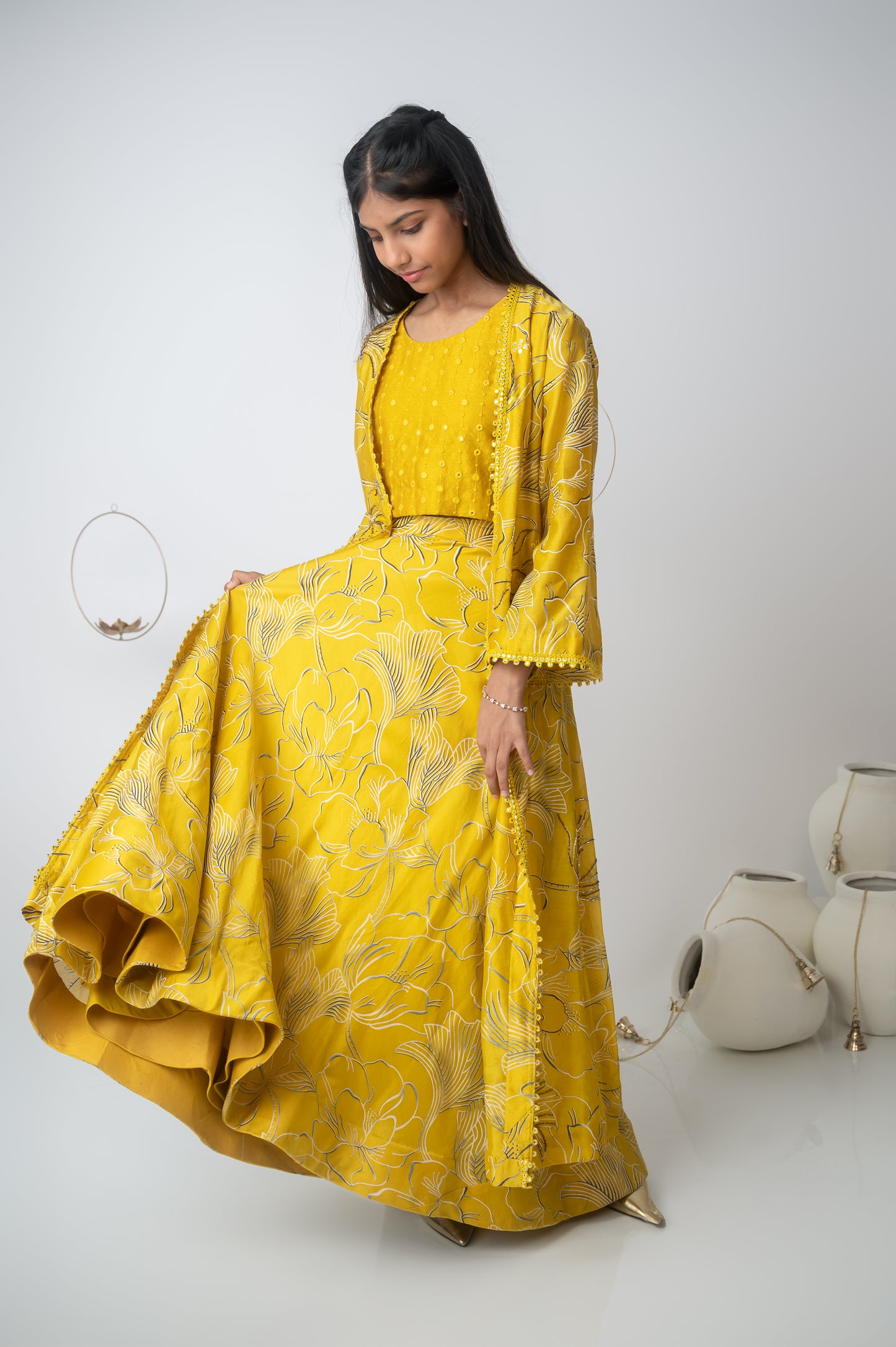 Yellow Mirror Work Top with Printed Jacket & Skirt Set