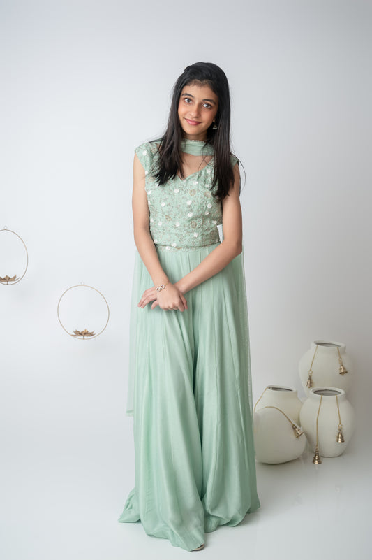 Green Silk V-Neck Hand Embroidered Top with Kali Palazzo