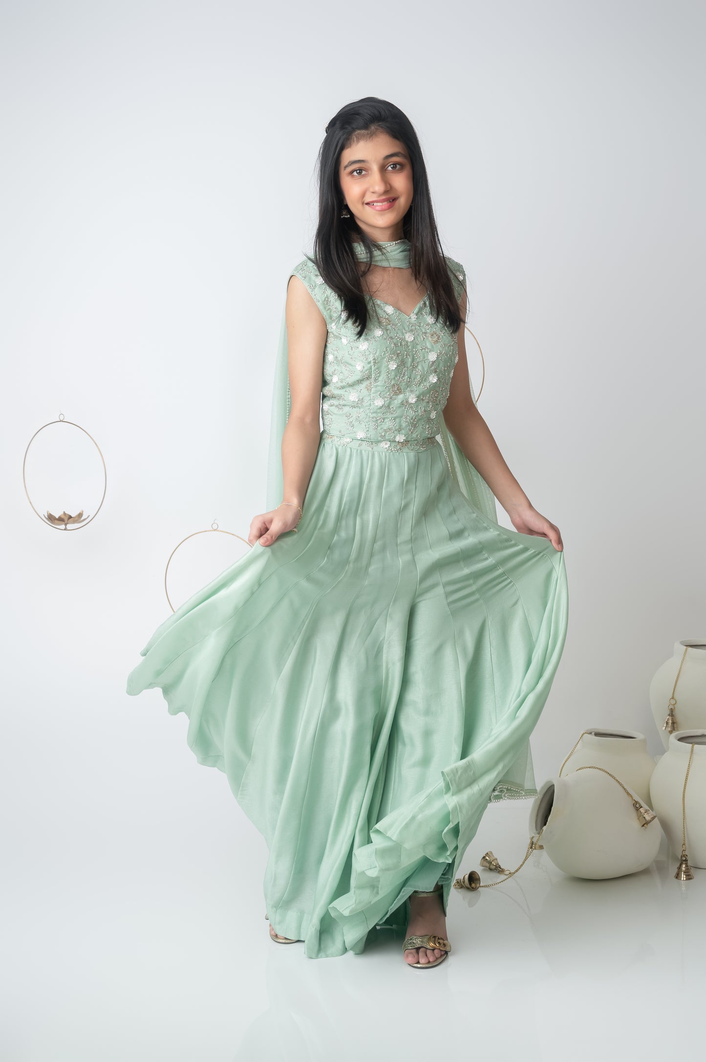 Green Silk V-Neck Hand Embroidered Top with Kali Palazzo