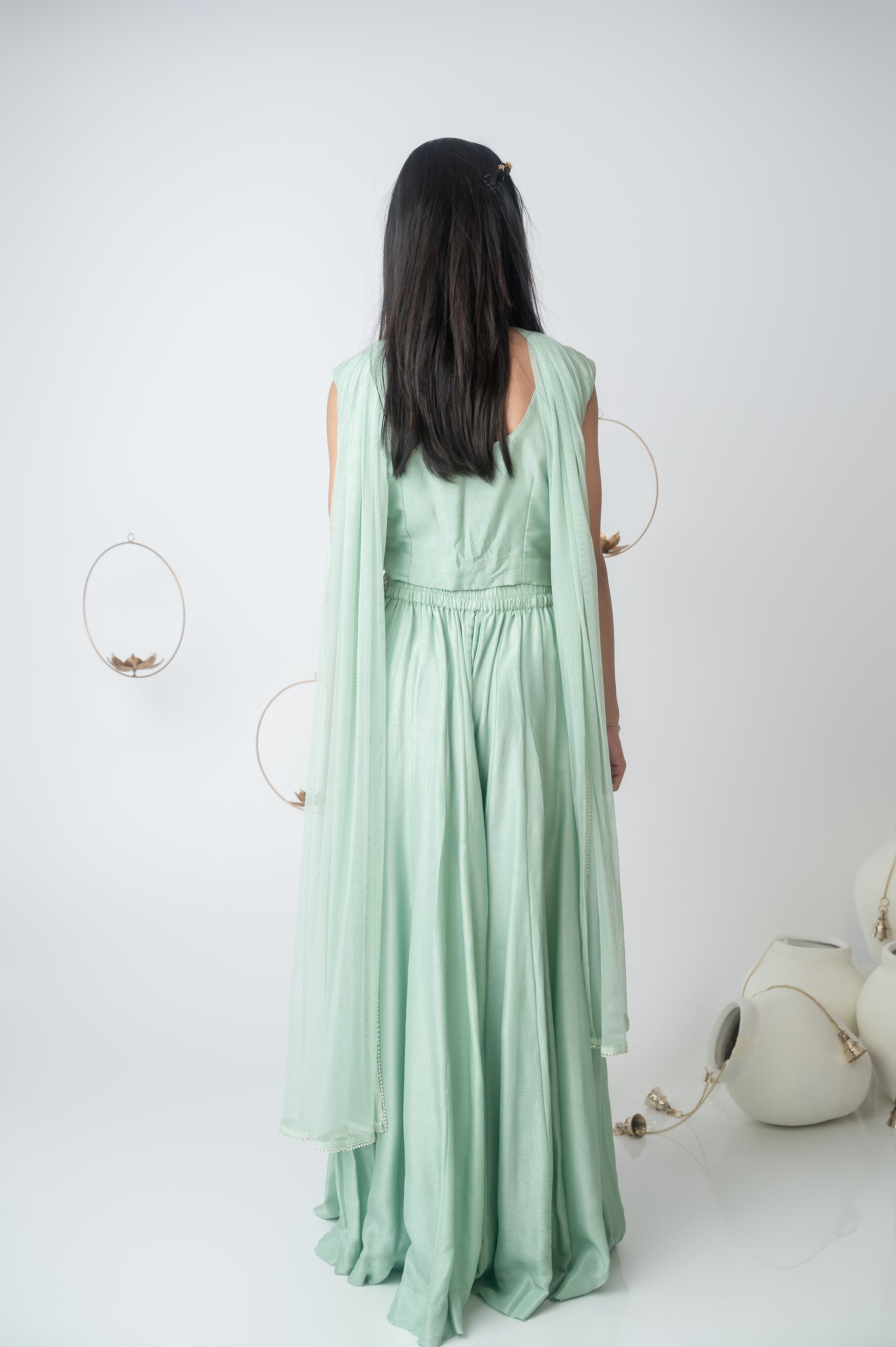 Green Silk V-Neck Hand Embroidered Top with Kali Palazzo