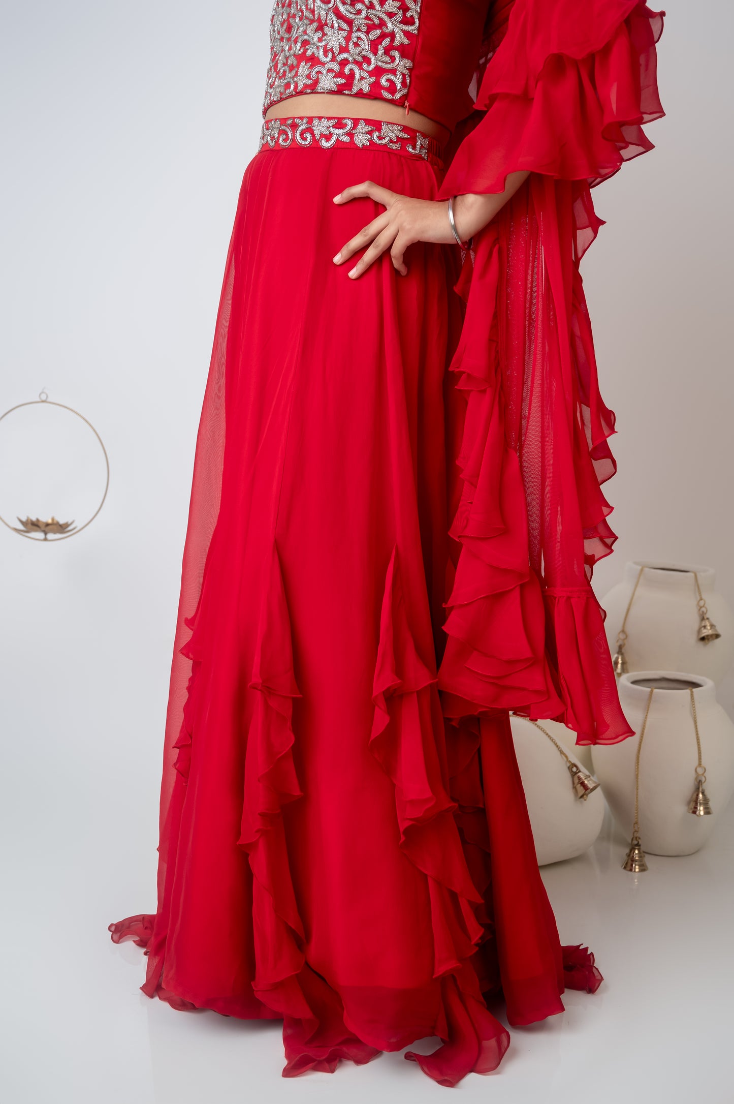 Red One-Shoulder Embroidered Set with Layered Skirt