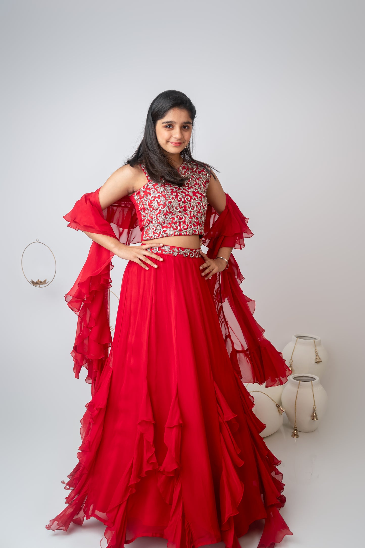 Red One-Shoulder Embroidered Set with Layered Skirt
