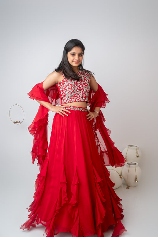 Red One-Shoulder Embroidered Set with Layered Skirt