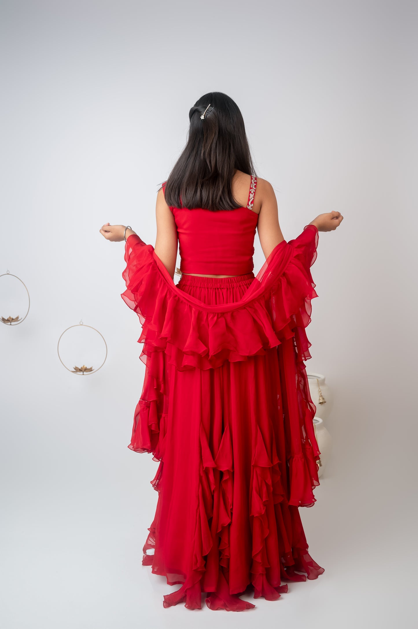 Red One-Shoulder Embroidered Set with Layered Skirt
