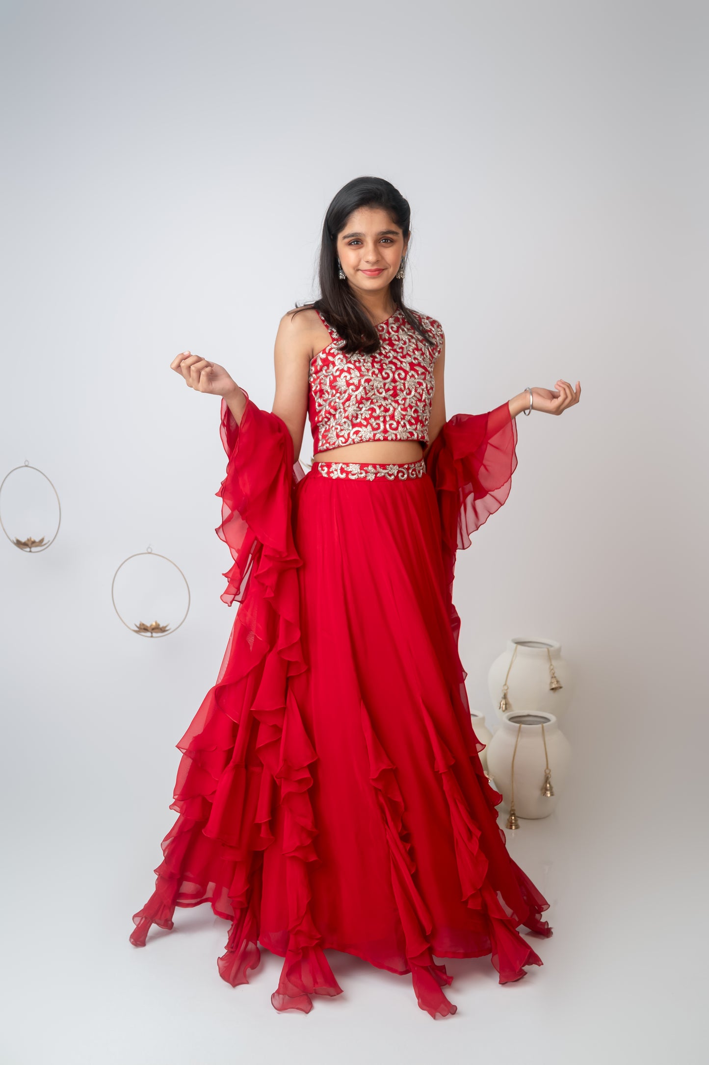 Red One-Shoulder Embroidered Set with Layered Skirt