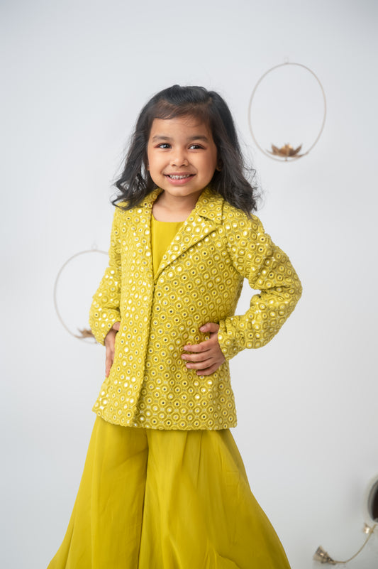 Yellow-Green Organza & Georgette Jacket Set with Palazzo