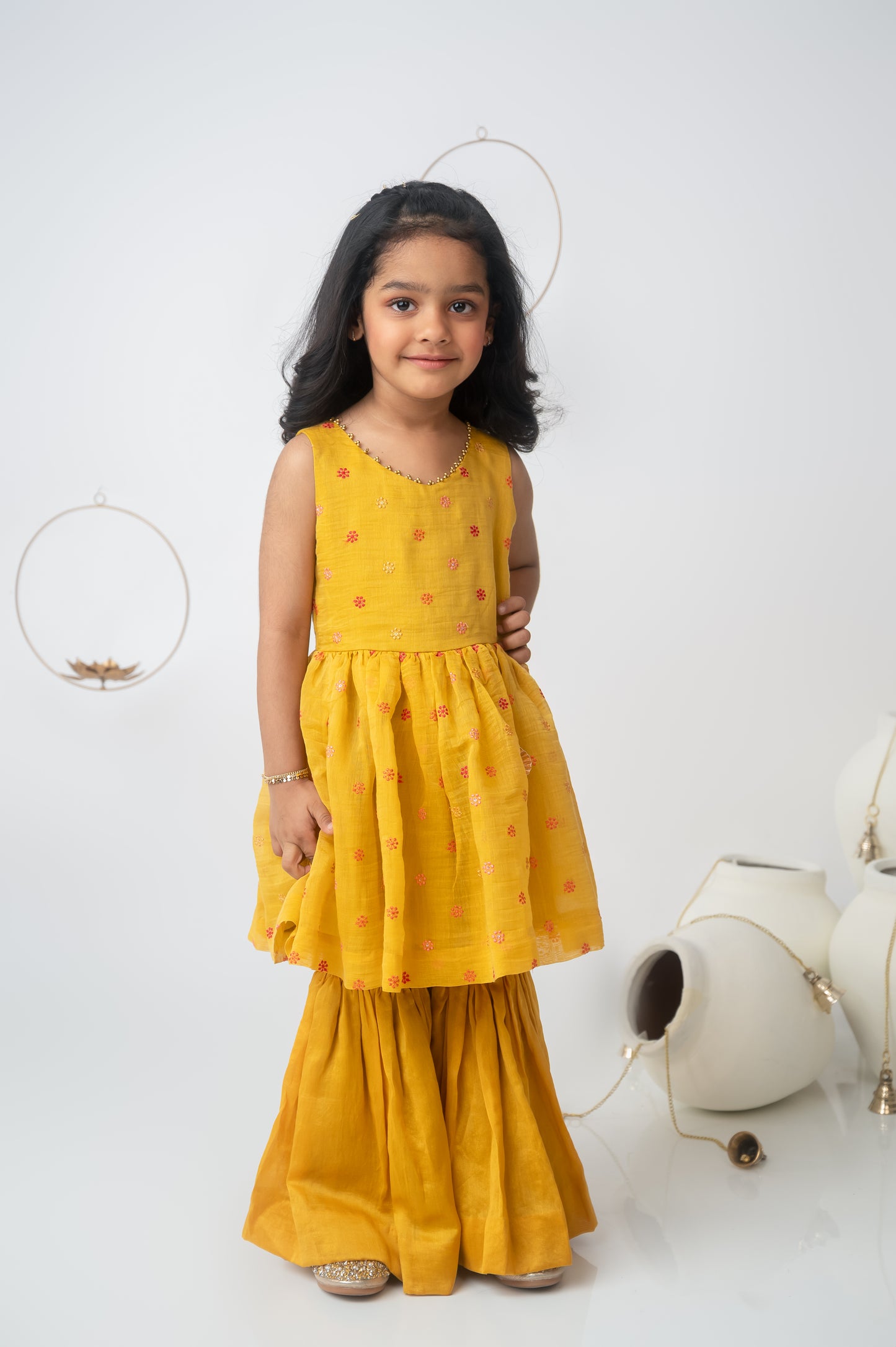 Mustard Yellow Peplum Garara Set with Moti & Gota