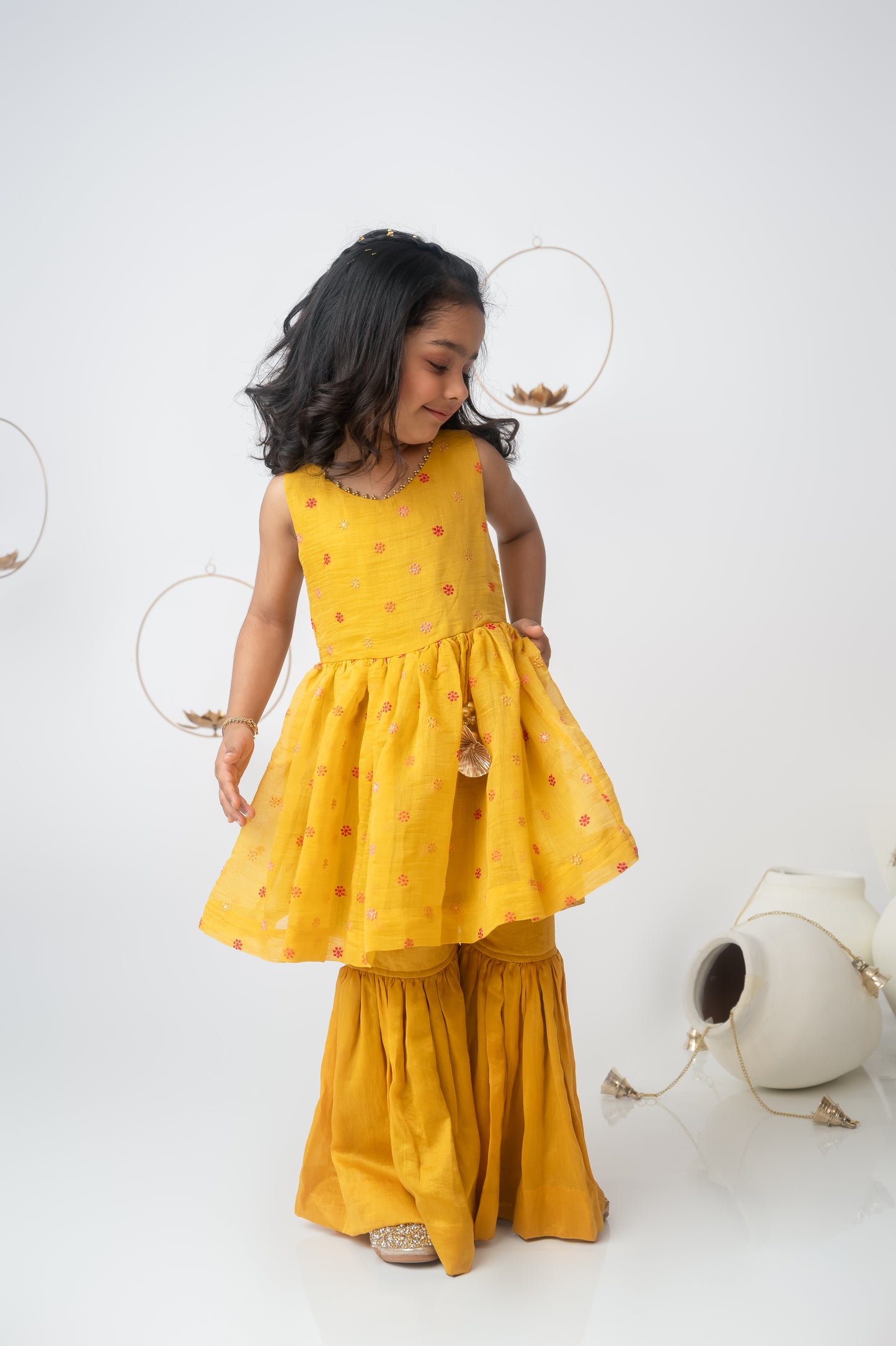 Mustard Yellow Peplum Garara Set with Moti & Gota