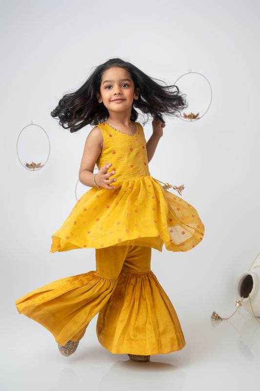 Mustard Yellow Peplum Garara Set with Moti & Gota