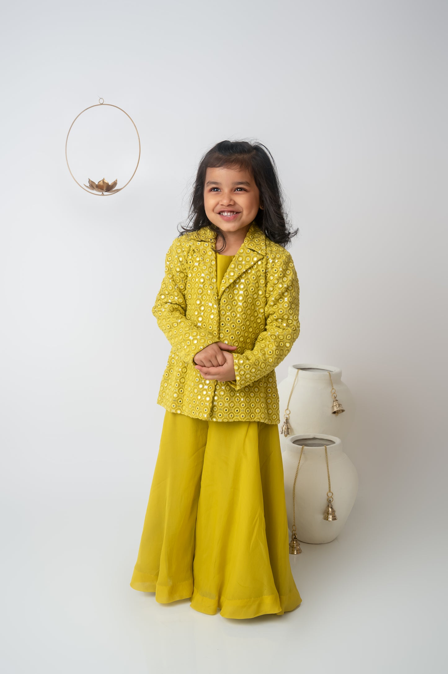 Yellow-Green Organza & Georgette Jacket Set with Palazzo