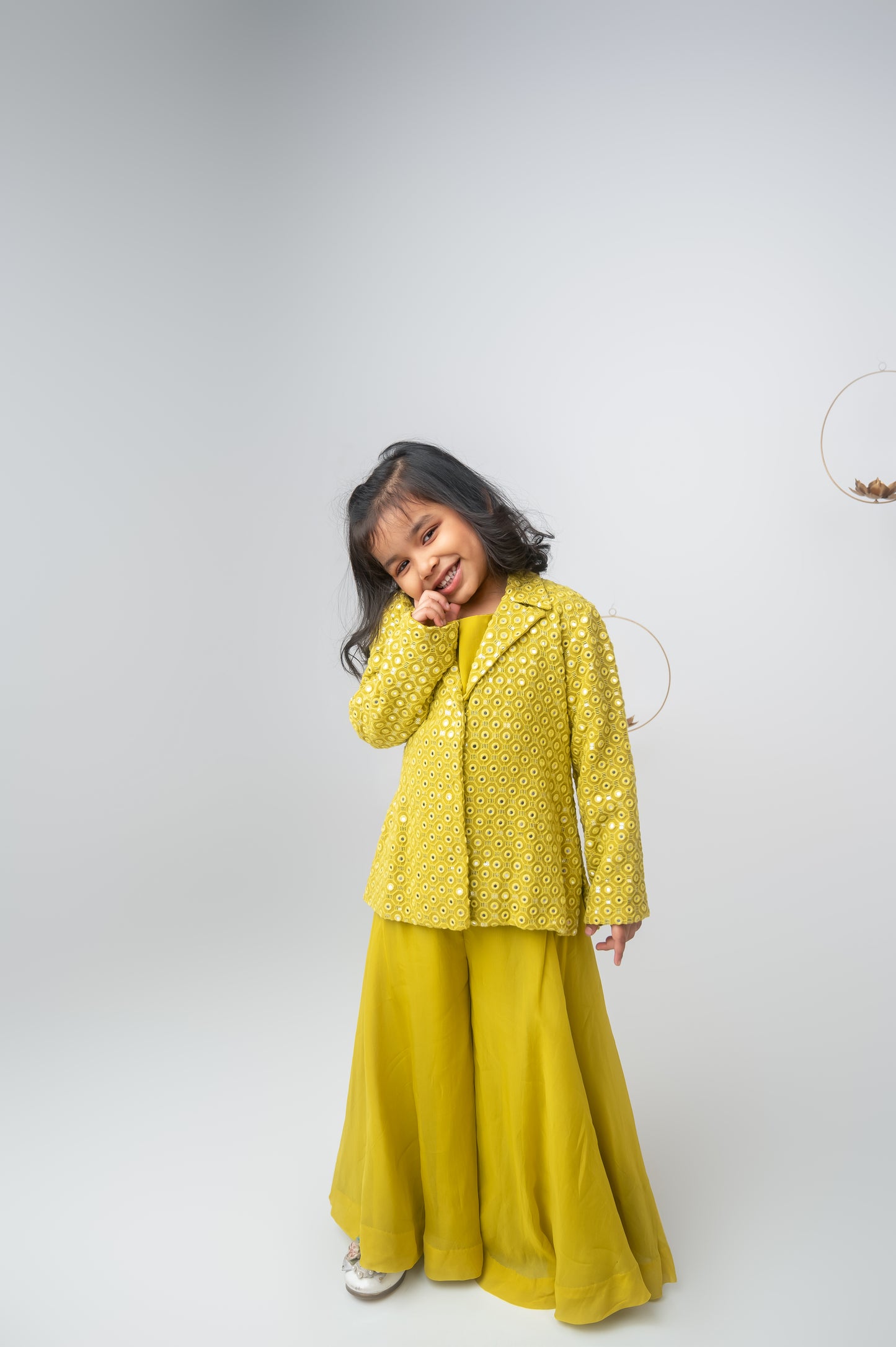 Yellow-Green Organza & Georgette Jacket Set with Palazzo