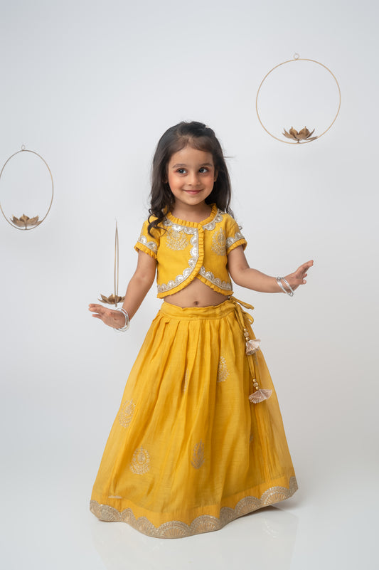 Yellow Pleated Lehenga Set with Gota Lace
