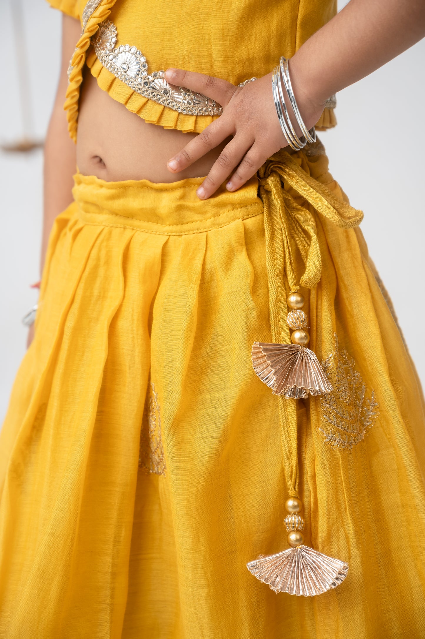 Yellow Pleated Lehenga Set with Gota Lace