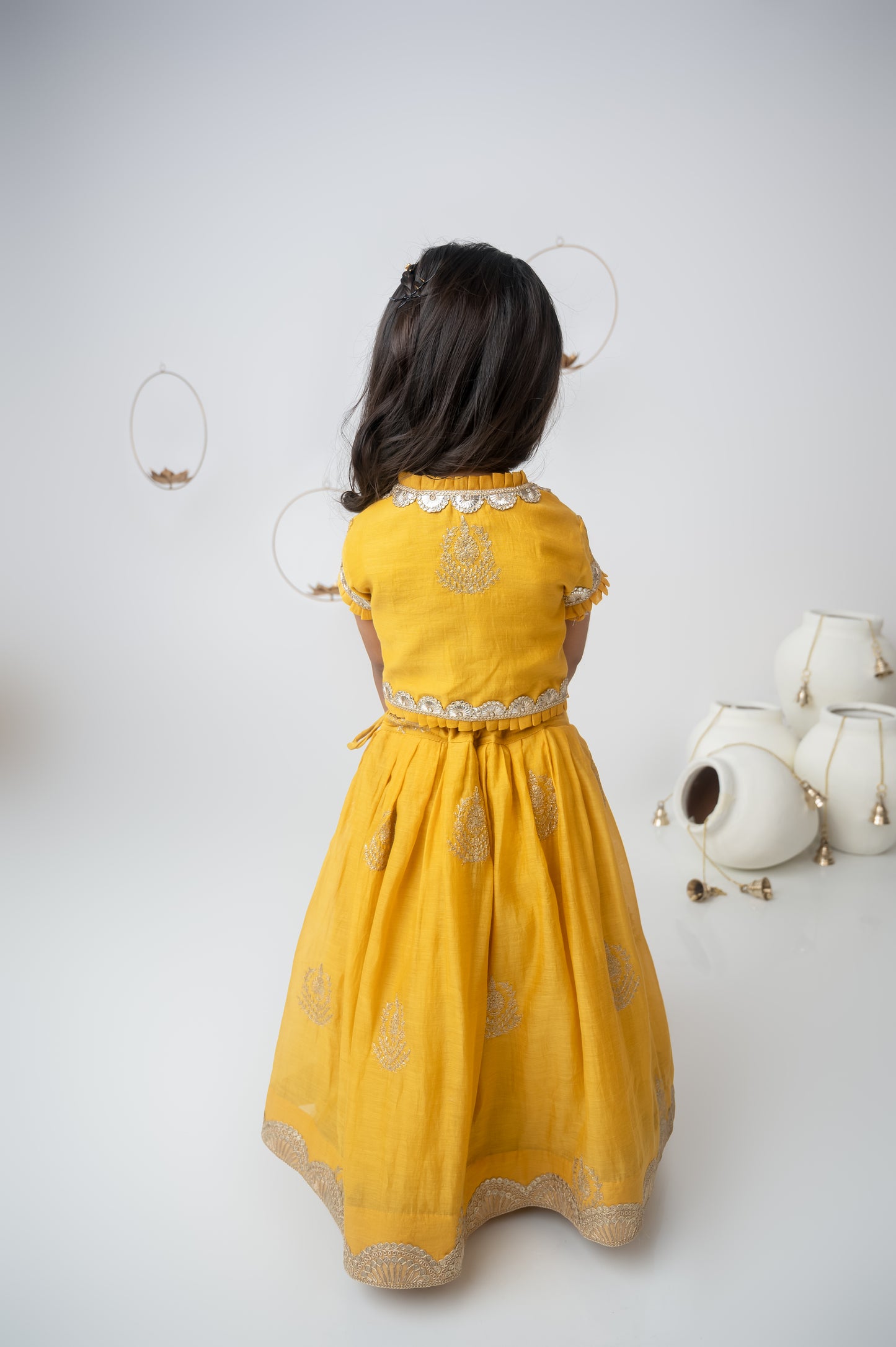 Yellow Pleated Lehenga Set with Gota Lace