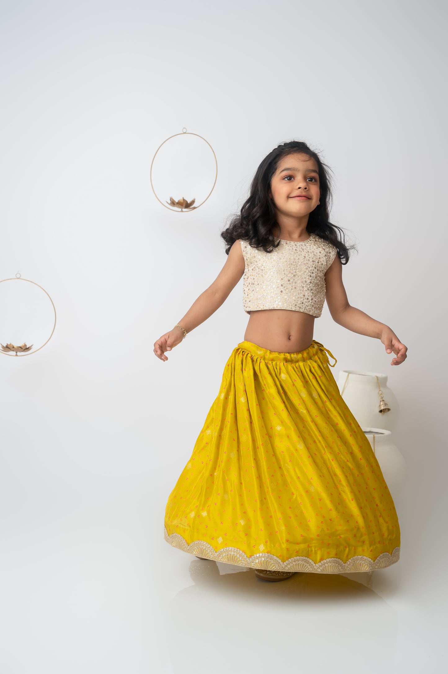 Beige & Green Silk Ghaghara Set with Bow