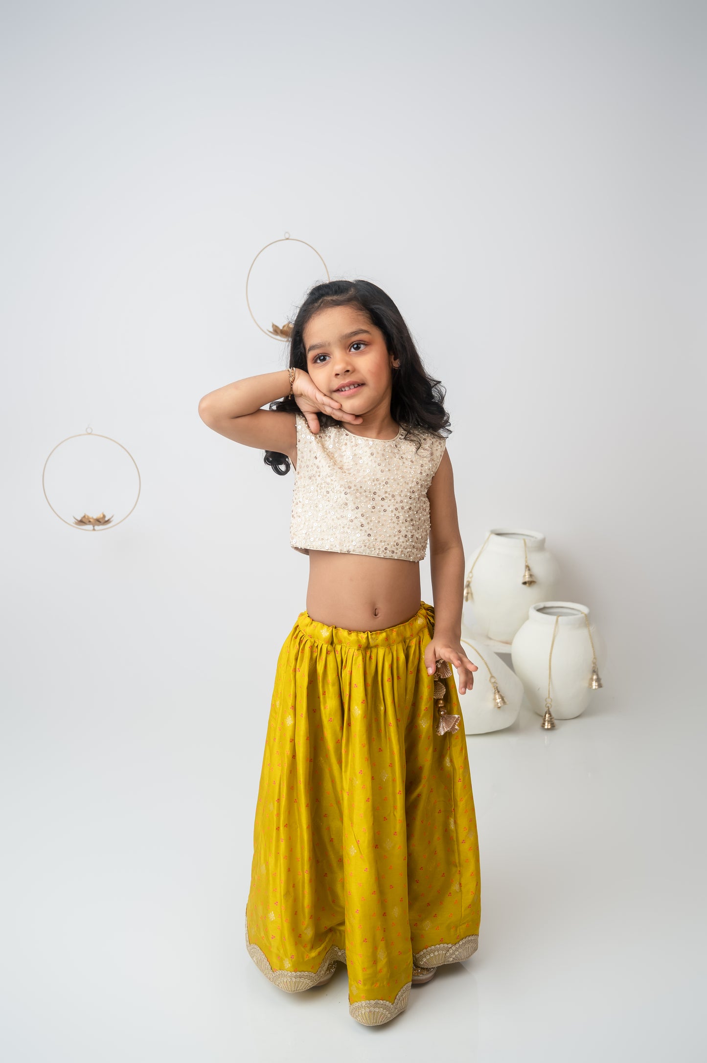 Beige & Green Silk Ghaghara Set with Bow
