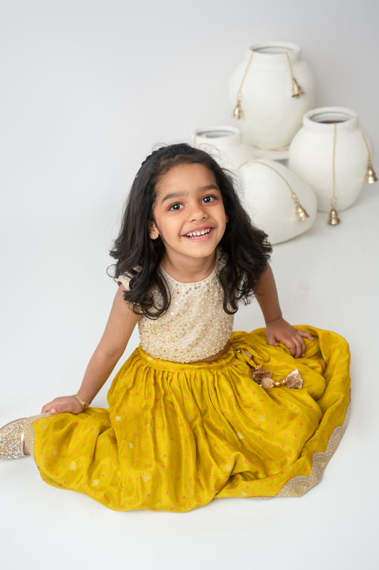 Beige & Green Silk Ghaghara Set with Bow